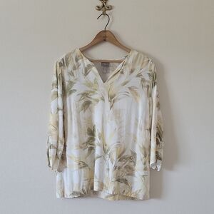 Chico's Tropical Leaf Print 3/4 Sleeve Popover Blouse Size Large